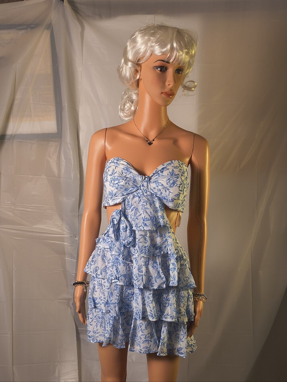 Windsor Love Story Floral Chiffon Mini Dress NWT White Blue Size L